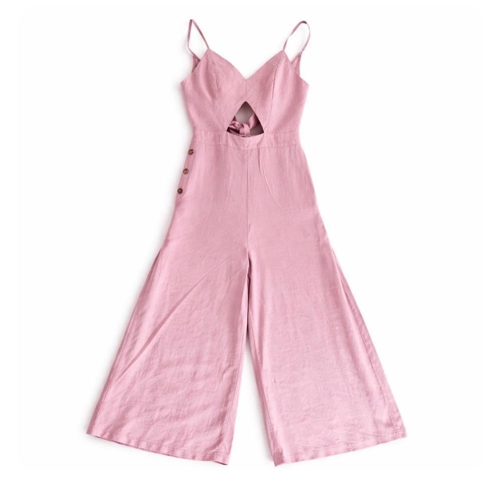 Lulus Mauve Pink Wide Leg Jumpsuit Cutout Back Button Detail Size M